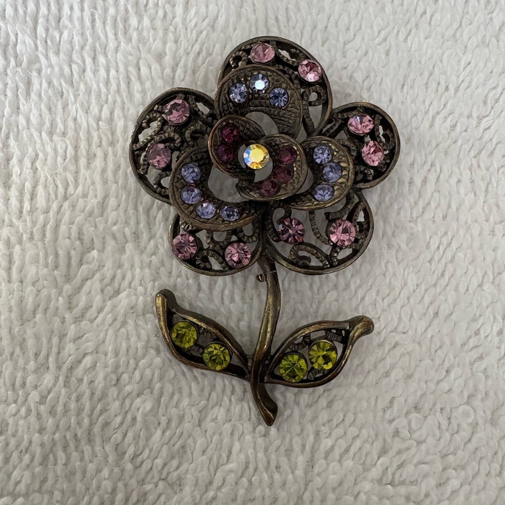 Vintage Style Filigree Flower Brooch Pin - Pink Purple Green Rhinestones